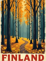 The scene shows a winding path in a forest during autumn. The trees display shades of orange and yellow, with leaves scattered on the ground. Sunlight filters through the branches.