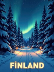 A snowy pathway is surrounded by tall trees in Finland. The sky has bright northern lights and stars above. Street lamps line the path, creating a warm glow against the cold.