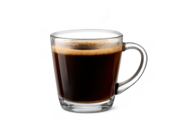 Fresh hot espresso coffee with golden crema in clear glass mug, enjoying morning energy boost, transparent background