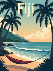 A hammock hangs between palm trees on a sandy beach in Fiji. The sun sets over the horizon, casting soft colors on the waves. Rocks line the shore, and hills rise in the background.