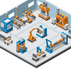Obraz premium Isometric Smart Factory with Robotic Arms and Conveyor Belts.