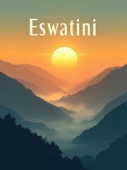 A sunset occurs over the mountains in Eswatini. The suns rays shine through the clouds, casting shadows across the hills. Silhouettes of trees surround the valley below.