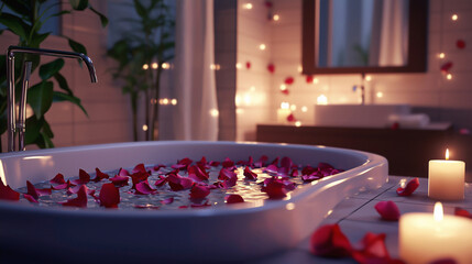 Romantic bathtub filled with red rose petals and candles. Valentines Day love and relaxation concept for couples, spa romance, self care moments, heartfelt, anniversary, intimate holiday lifestyle.