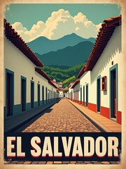 A street in El Salvador shows rows of white buildings with red accents. The sun shines on cobblestones. Green mountains rise in the background under a clear blue sky.