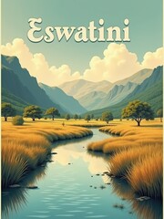 The scene shows a river flowing through tall grass with mountains in the background. Trees line the waters edge under a bright sky with fluffy clouds. The landscape represents Eswatini.
