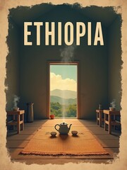A room in Ethiopia shows a view of mountains through an open door. Inside, a kettle and cups are arranged on a mat, creating a space for tea. Tables are set around the room for sharing.