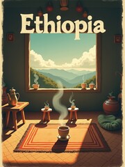 A traditional Ethiopian coffee ceremony taking place indoors. Several coffee cups sit on a table with smoke rising from them. The backdrop features mountains and clouds.