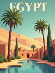 Palm trees and green plants near a pool of water, with a historic architectural structure in the background. The setting is in Egypt, under a clear sky.