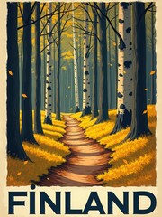 A narrow path winds through a forest in Finland. Tall trees surround the path, their trunks standing straight. Yellow leaves cover the ground, highlighting the season.