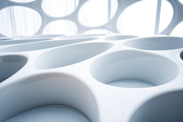 Voronoi structure with smooth cellular pattern creates modern abstract design featuring white curved surfaces and soft light for futuristic architectural look