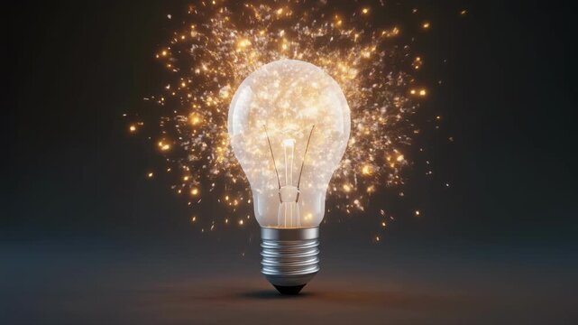 Glowing White Lightbulb Filament Exploding into Light Particles &mdash; Breakthrough Idea and Innovation Concept