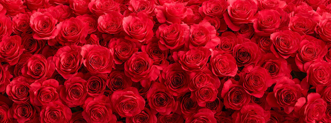 Vibrant panoramic background with blooming red roses