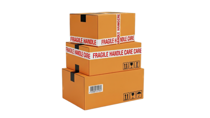 Stack of Fragile Handle With Care Moving Boxes with Barcode
