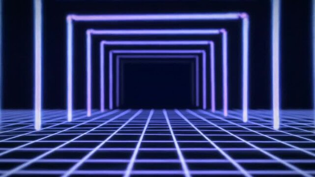 Abstract glowing tunnel with grid floor recedes into darkness.