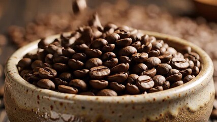 Freshly roasted aromatic coffee beans gracefully cascade into a rustic ceramic bowl highlighting the rich texture and deep brown color of premium quality whole coffee beans ready for brewing a delici.