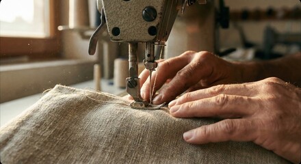 Tailor hands sewing fabric with industrial sewing machine