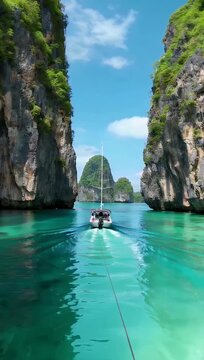Stunning aerial 4K drone footage exploring turquoise tropical waters limestone cliffs hidden coves showcasing pristine natural beauty crystal clear water textures serene paradise island 