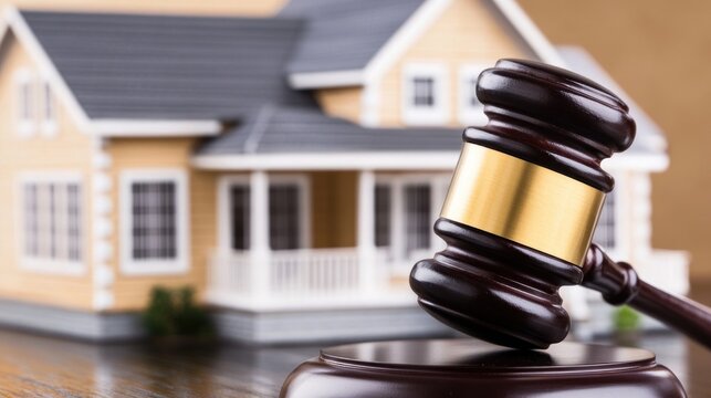 A gavel in front of a model house, symbolizing real estate law and auctions.