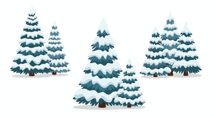 Obraz premium Illustration of several snow-covered evergreen pine trees in a winter landscape on white background.