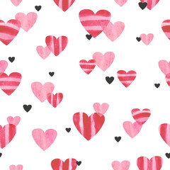 Pink and red watercolor hearts pattern. Valentines Day seamless background