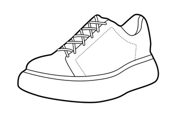 Sneakers shoe single sketch. Versatile lace footwear for jeans look, campus day, relaxed style, man woman unisex. Technical fashion illustration, CAD mockup, clean vector isolated casual style.
