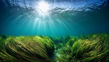Underwater Sunlight Rays Shining Through Vibrant Green Sea Grass Symbolizing Life And Purity In Nature High Resolution For Isolate Image