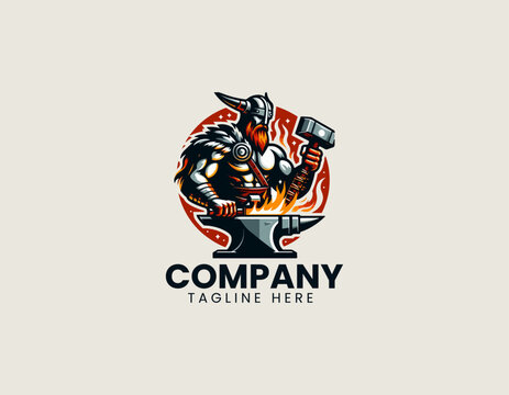 A stylized vector logo illustration depicting a Viking blacksmith figure with intense fire flames and a hammer tool robust. Mascot branding concept
