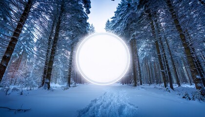 Enchanted Snowy Forest With Glowing Circle Portal Between Trees