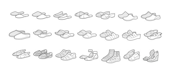 Plakat Sandal line pair set. Slide slippers espadrille wedge, cork flatform, fisherman gladiator huarache, slingback thong, ankle strap flip flop. Minimal footwear drawing vector, isolated outline collection