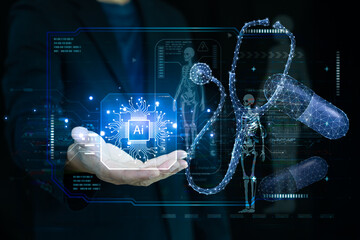 Doctor analyzing patient data on futuristic transparent touch screen with AI Medical Imaging interface and human body scan hologram for digital healthcare diagnosis