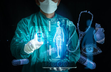 Doctor analyzing patient data on futuristic transparent touch screen with AI Medical Imaging interface and human body scan hologram for digital healthcare diagnosis