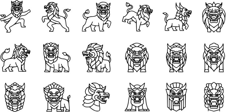 Stylized Mythical Lions and Foo Dogs Vector Set