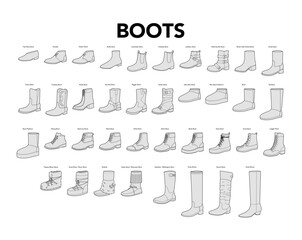 Boot line single set with title. Outline Chelsea work hiking duck cowboy, combat steel toe desert chukka platform, logger styles labeled by style. Clean footwear guide vector for pattern design.