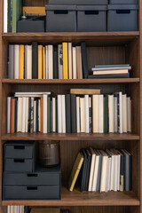 Neat bookshelf with storage boxes and books. Home organization.