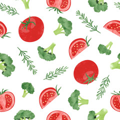 Seamless watercolor vegetable pattern with broccoli, tomatoes and rosemary