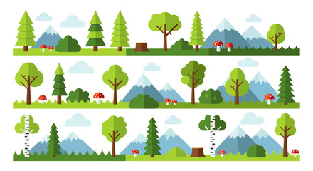 Obraz premium Vector illustration of various forest landscapes with trees, mountains, and mushrooms in a flat style.
