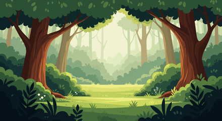 Sunny forest clearing surrounded by lush green trees and dense foliage in a peaceful woodland scene.