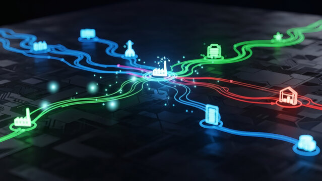 Dynamic digital network illustrating interconnected smart infrastructure, industrial automation, and data flow across various sectors, symbolizing advanced technology and global connectivity - Powered by Adobe