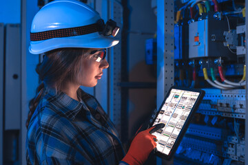 Woman electrician checks tablet schematics in blue light. Night monitoring.