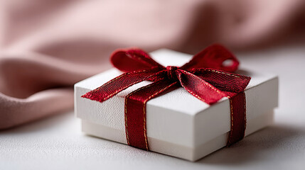 Small White Gift Box with Deep Red Ribbon Bow Close Up