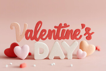 Textured Valentines Day Text with Pink Red Heart Decorations on Pastel Background