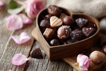 Gourmet Chocolate Assortment in Wooden Heart Box with Pink Rose Petals Romantic Valentine Treat