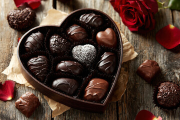 Gourmet Chocolate Collection in Heart Box with Red Rose and Petals on Weathered Wood