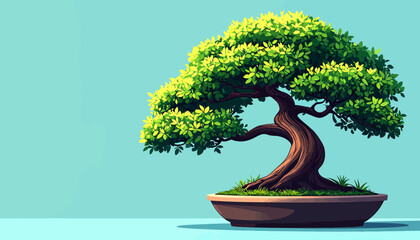 Artistic Bonsai Tree with Lush Green Foliage in a Brown Pot.