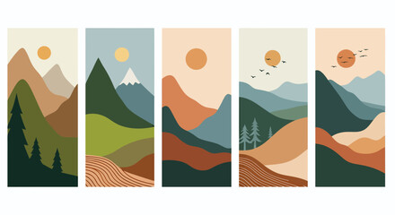 Set of abstract landscape illustrations with mountains, trees, and sun in warm earthy tones.