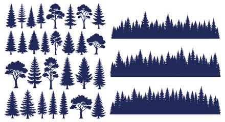 Silhouette collection of various trees and forest borders in simple graphic style.