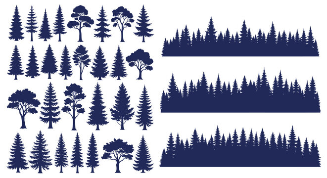 Silhouette collection of various trees and forest borders in simple graphic style.