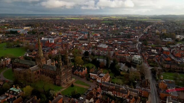 Top view of Lichfield city center with ancient cathedral architecture