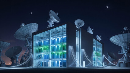 Modern communication center with satellite dishes and glowing servers, symbolizing global connectivity and technological advancement