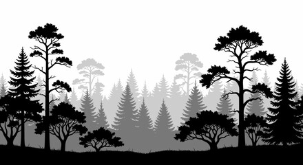 Monochrome silhouette illustration of a dense forest with various tree shapes and sizes.